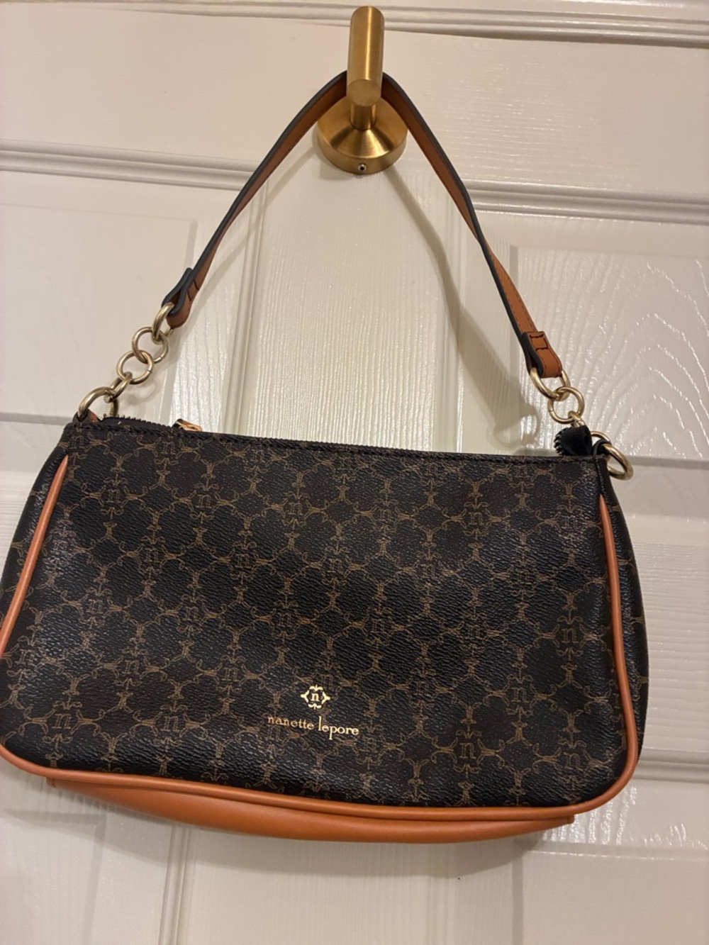 Nanette Lepore Brown Monogram Shoulder Bag with Tan Trim‎